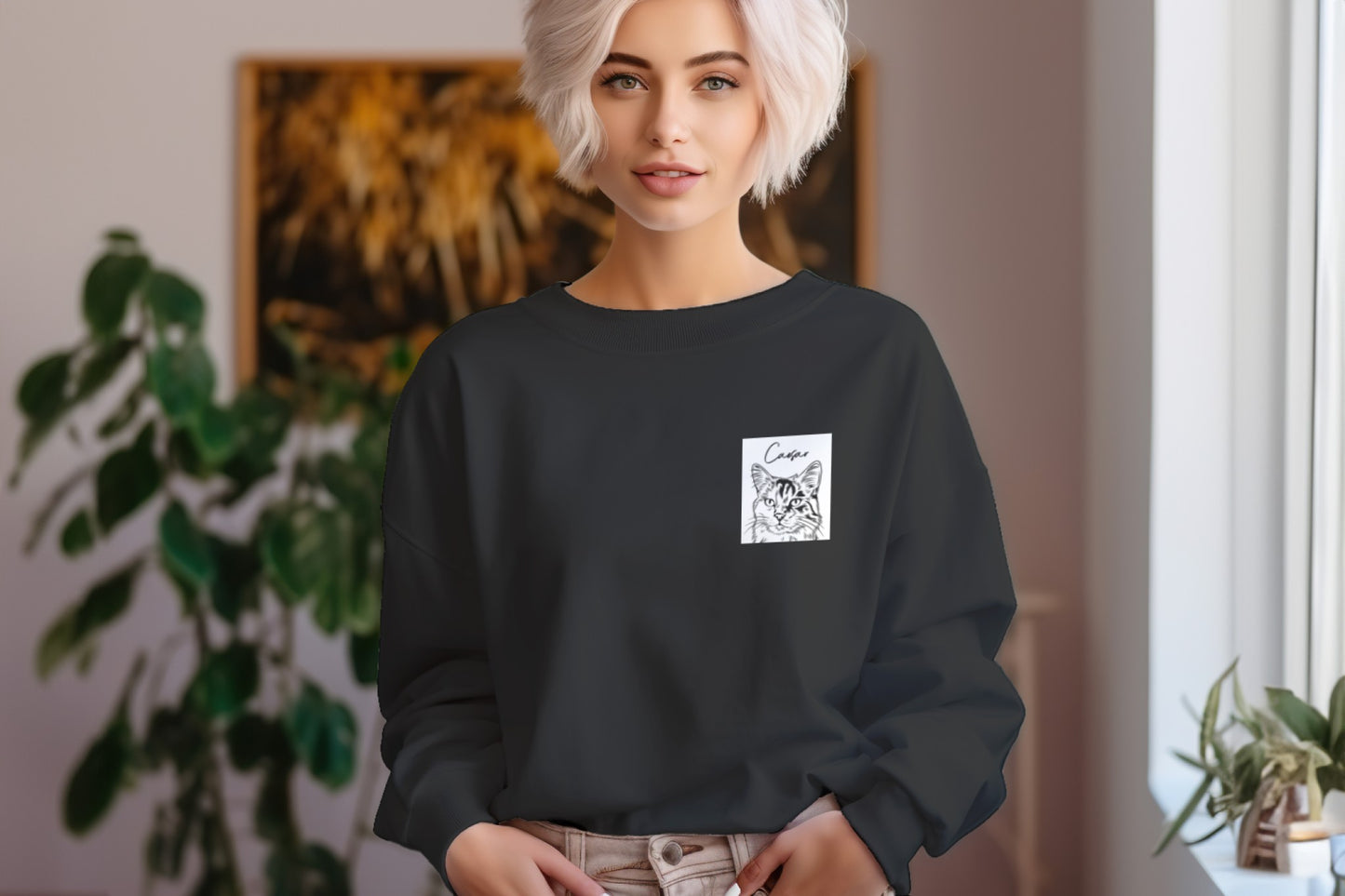 Sweatshirt med svartvitt djurporträtt